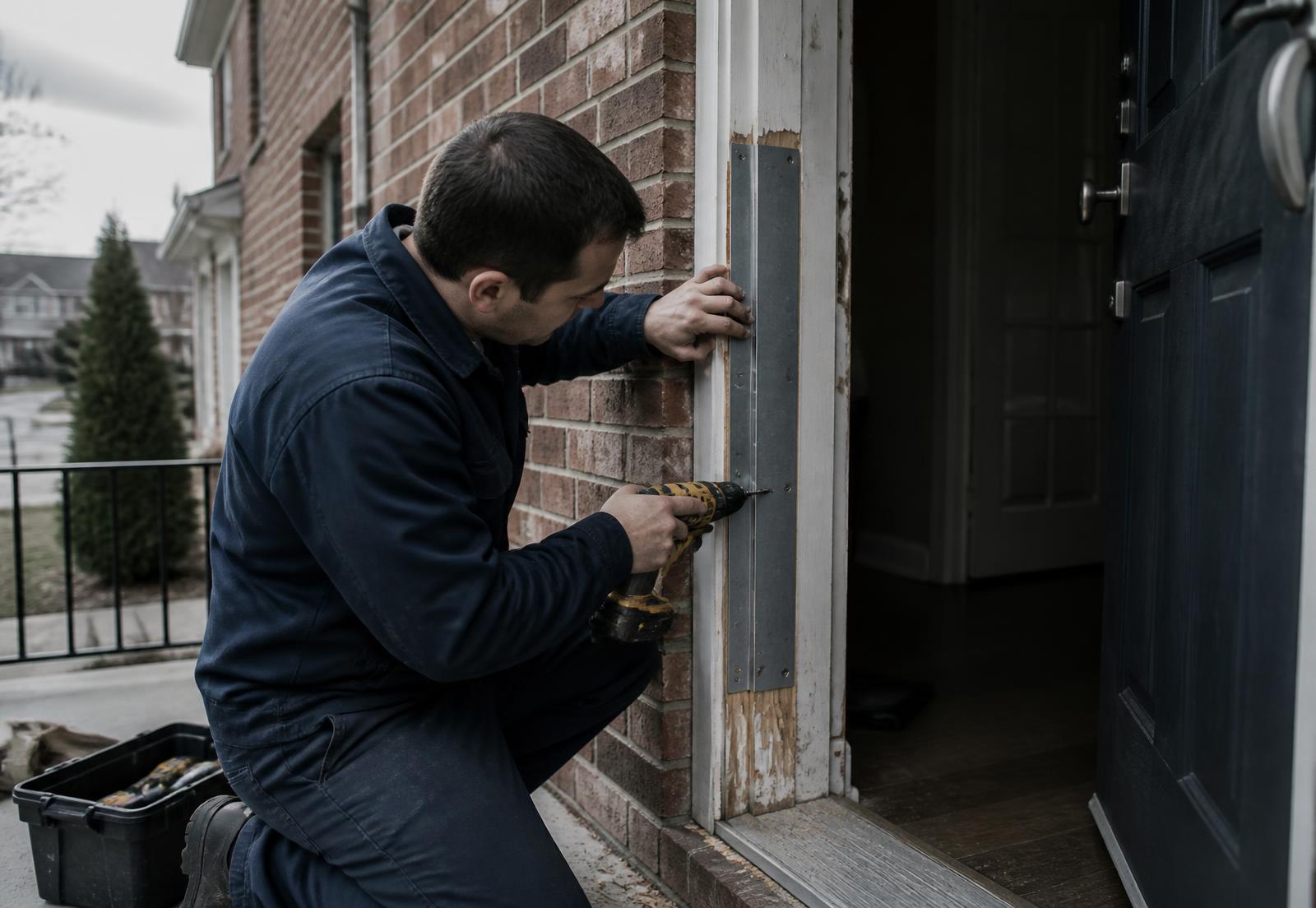 Technician fitting a steel reinforcement plate to a split door jamb on a Mississauga home