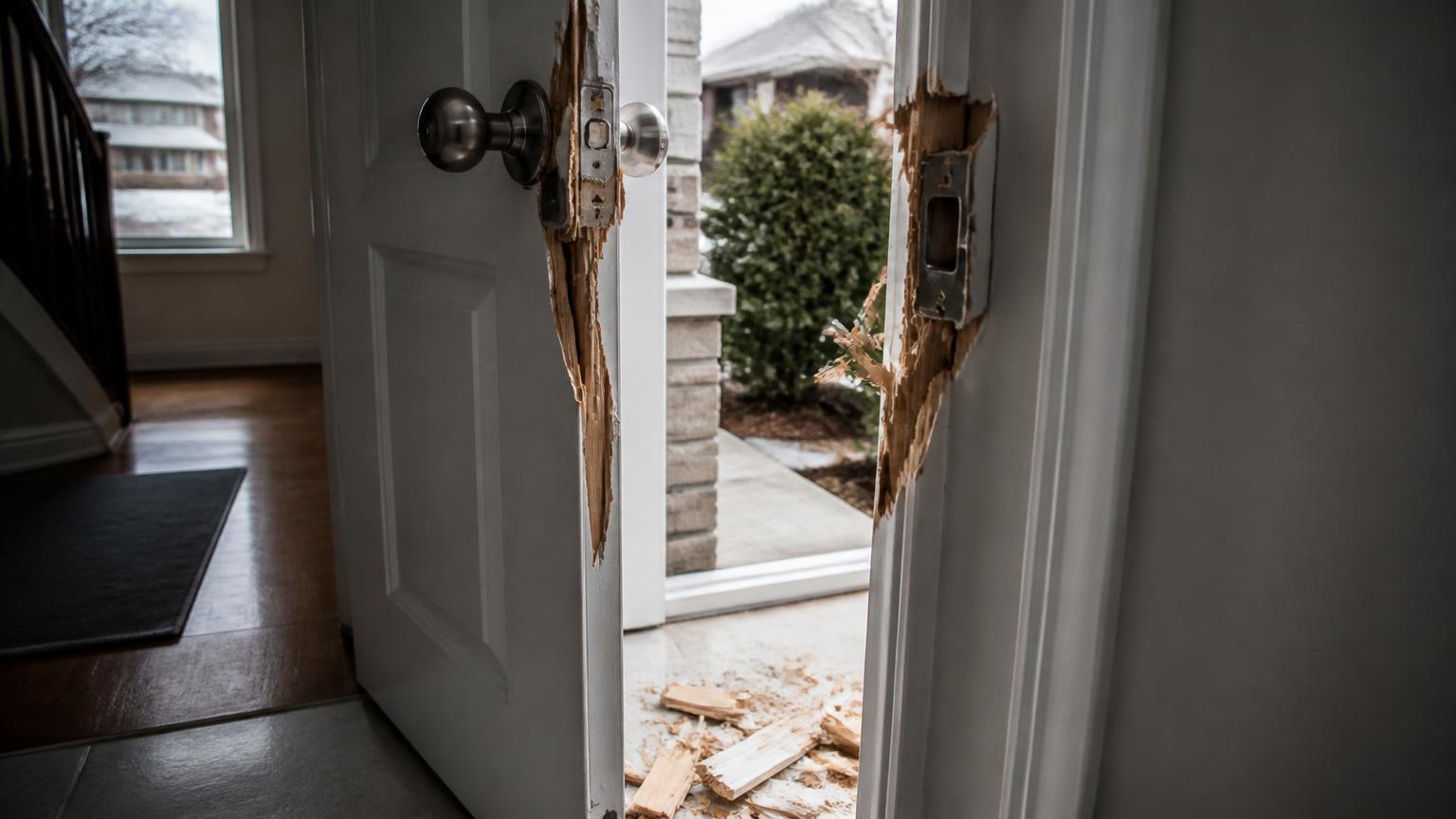 Split white door jamb and torn strike plate after a forced entry