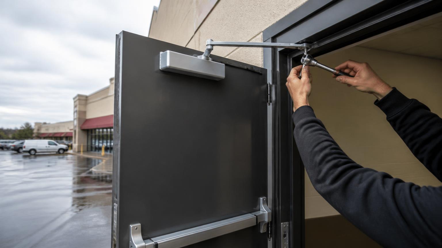 Technician adjusting an overhead door closer on an aluminum commercial storefront door