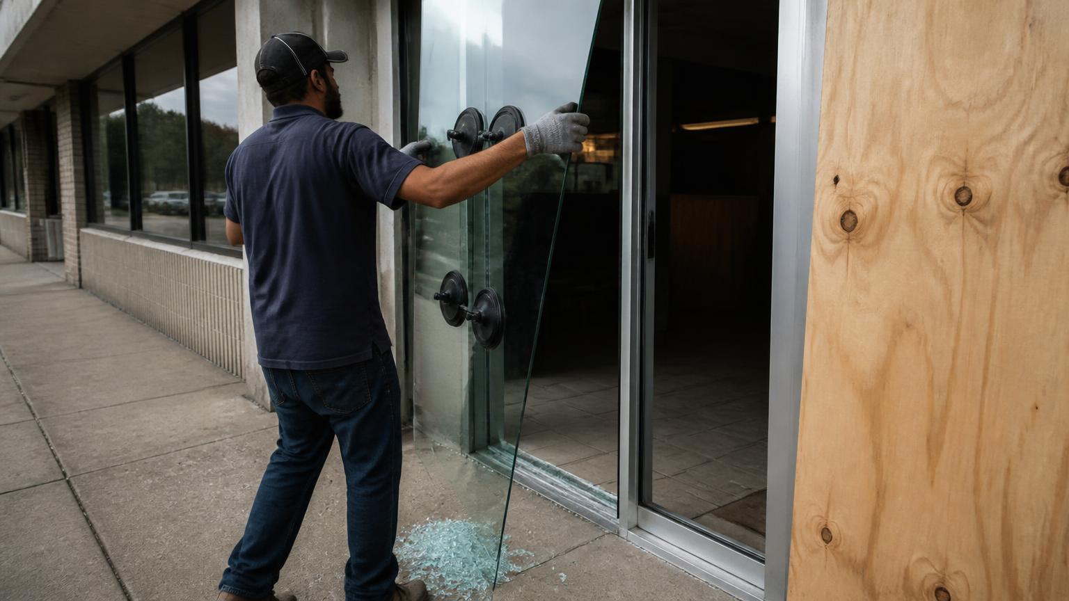 Technician using glazing suction cups to set a new tempered glass panel into an aluminum door frame