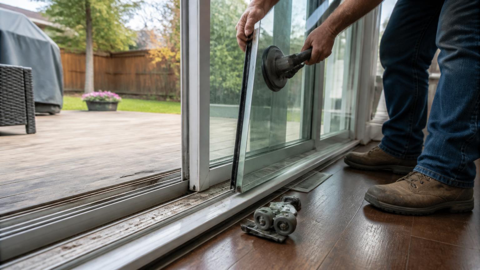 Hands replacing tandem rollers on the bottom rail of a sliding patio door